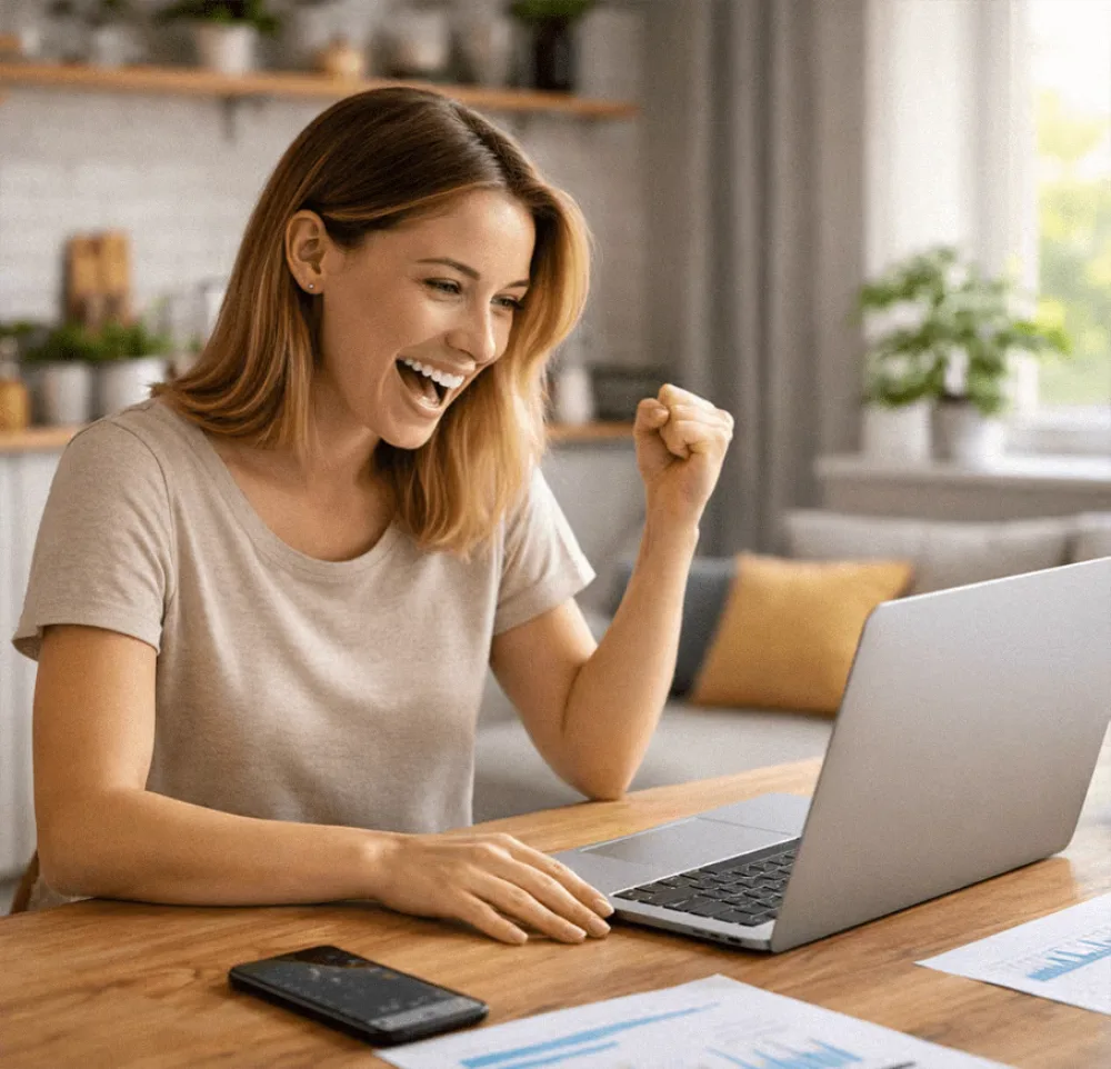 Happy person celebrating their first online sale